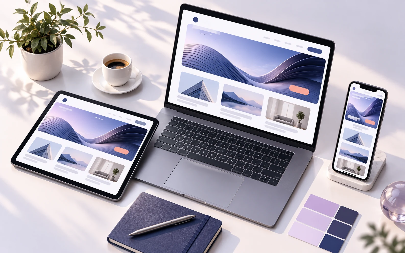 Aynı kurumsal web arayüzünün dizüstü bilgisayar, tablet ve telefonda farklı ekran boyutlarına uyarlanması