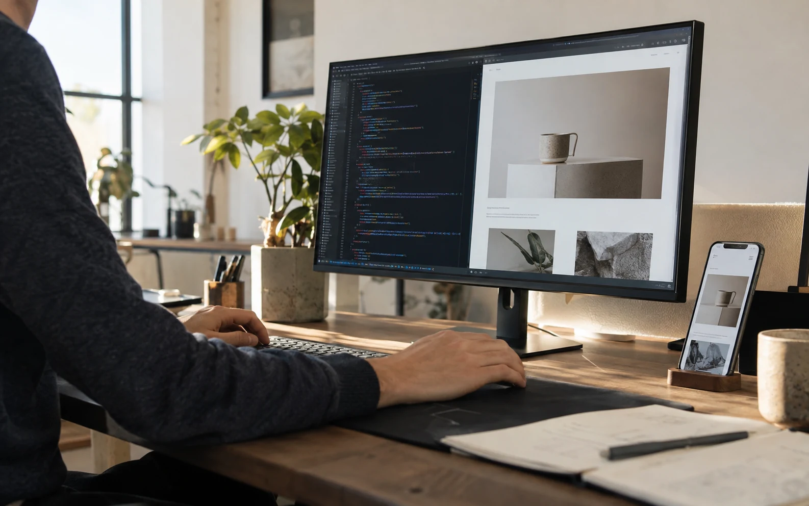 Web sitesi arayüzü ve yazılımı üzerinde çalışan geliştiricinin masaüstü ve mobil kontrol ortamı