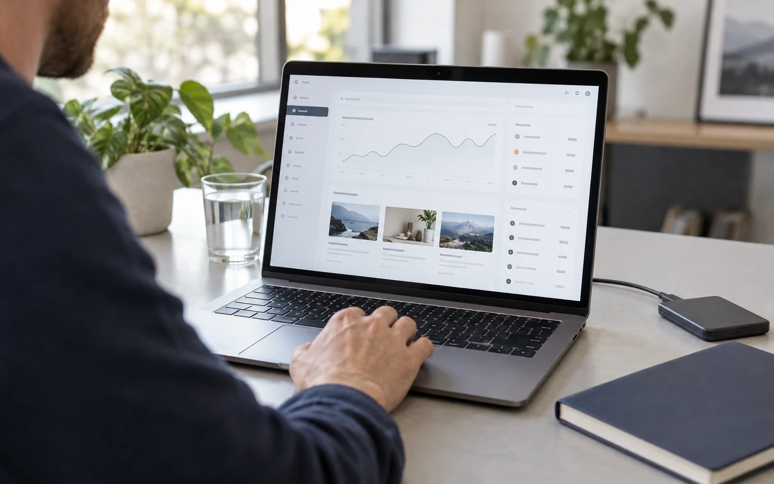 Web sitesinin yönetim panelini kontrol eden kişinin çalışma masası ve harici yedekleme diski